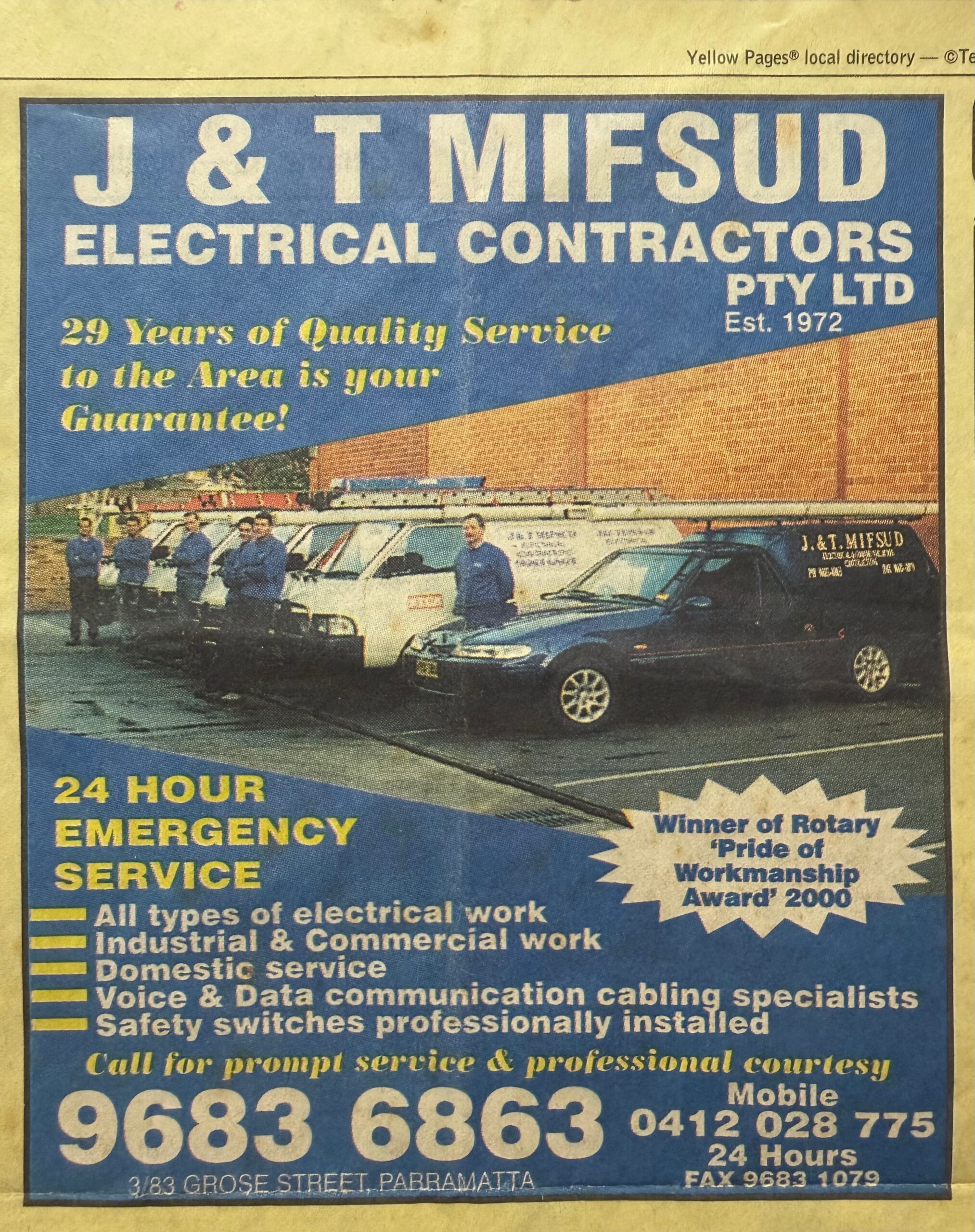 J & T Mifsud Electrical Contractors ad with four workers, two vans, and 24-hour emergency electrical service details.